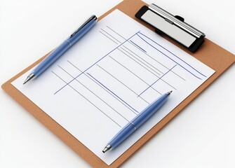 Two Blue Pens on Clipboard with Form, 3D Render, Office Supplies, Stationery Form Design, Clipboard