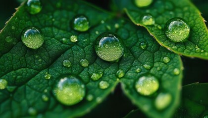 Macro shot of raindrops on a leaf, with each droplet reflecting the world around it, Macro photography, Detailed and bright