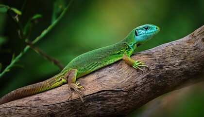 Fototapeta premium Virile Wall Lizard Lacerta agilis adorned in Regal Colors perched on Tree Trunk Majestic and Vibrant Exhibiting a Sense of Elegance and Majesty amidst Forests Serene Ambiance