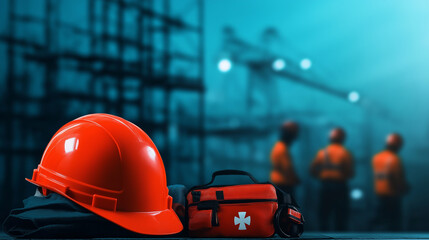 Fototapeta premium A symbolic image of workplace safety, with a helmet and emergency kit resting on-site while a team of laborers actively builds a structure.