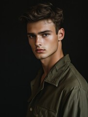 Stylish portrait of a young man in an olive green shirt, highlighting contemporary fashion aesthetics. Ideal for fashion advertisements.