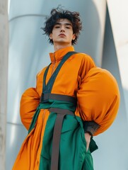 Bold Fashion Statement: A model showcases a vibrant orange and green oversized jacket with unique balloon sleeves, perfect for editorial use.
