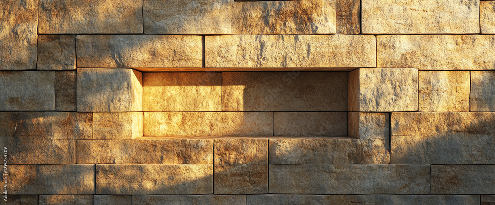 Poster Close-up view of a stone wall with a rectangular niche illuminated by warm sunlight, casting soft shadows, symbolizing architectural design and natural lighting effects.