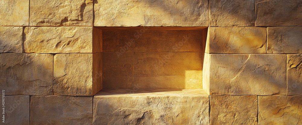 Poster close-up of a stone wall with a rectangular niche, beautifully lit by warm sunlight, casting soft sh