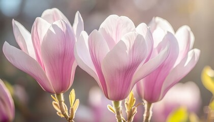 Fototapeta premium Pink Magnolia Flowers in Spring Sunlight Delicate petals, soft focus, floral background.