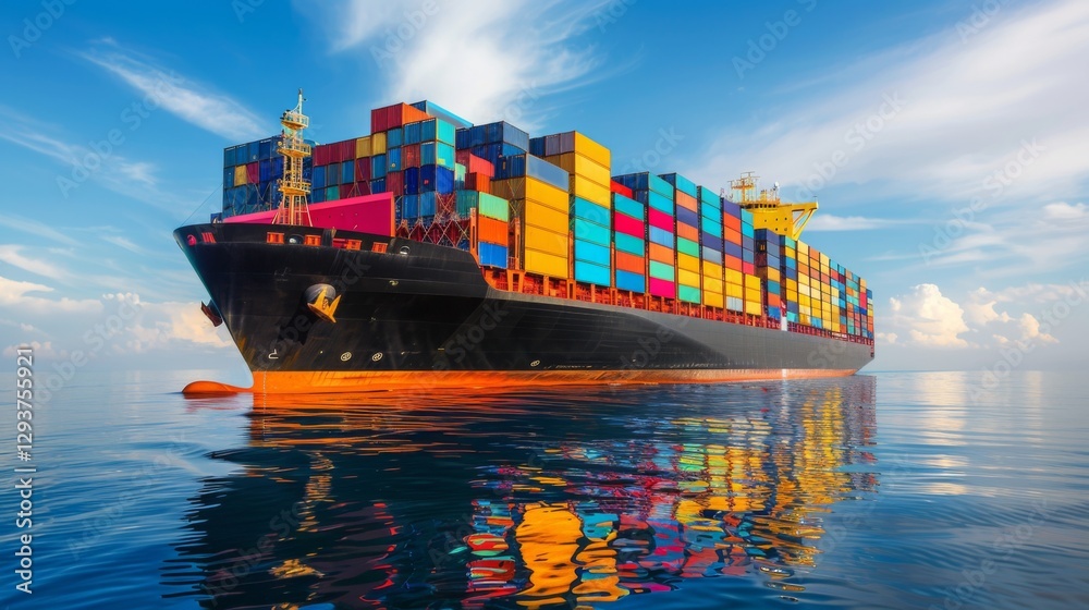 Poster A substantial container ship sails smoothly through calm waters under a bright sky, showcasing an array of colorful shipping containers stacked high on its deck.