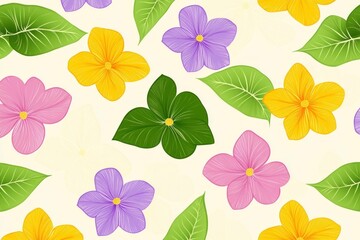 Colorful flower pattern with pink, purple, and yellow blossoms on a soft cream background, ideal for seasonal designs and nature themes