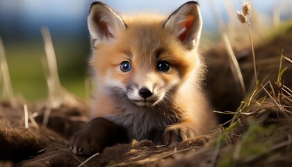 Fototapeta premium Newborn Fox Basking in the Dappled Light of a Forest Clearing, Capturing Innocence and Wonder, with Soft Fur Glowing against Rich Autumn Hues.