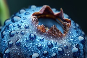 Close-up of a textured blueberry glistening under light with intricate details