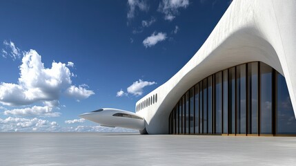 Fototapeta premium Private Jet at Modern White Airport Terminal Under Blue Sky
