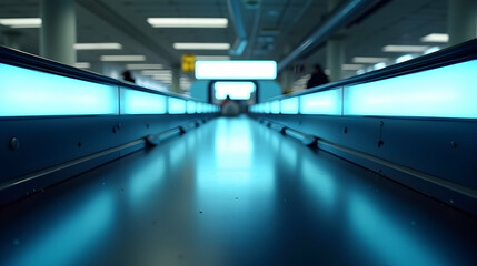 Obraz premium Serene blue glow illuminates the airport's moving walkway, carrying travelers towards their destinations.