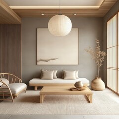 A minimalist modern living room with natural style wood