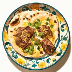 Delicious Lamb Shank with Flatbread Savory Middle Eastern Dish on Ornate Plate