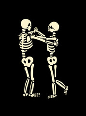 Human skeleton poses in a dancing. Human skeleton posing. Spooky illustration for halloween. Black background. Flat style design vector illustration for prints on t-shirts and more.