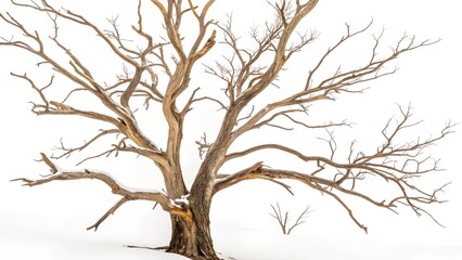 A stark, leafless tree with a thick trunk and intricate branching structure silhouetted against a bright, overcast sky or white background