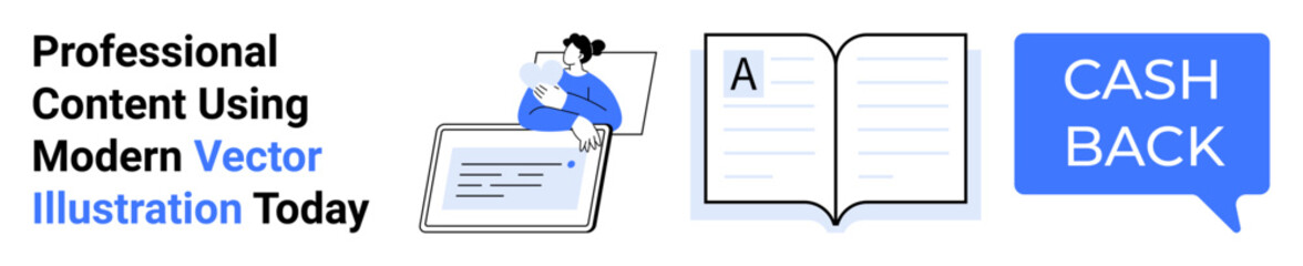 Man working on laptop, open book with letter A, cashback speech bubble. Ideal for e-learning, online education, content marketing, digital tools, advertising, cashback programs flat landing page