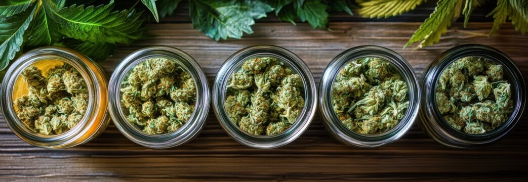 Various cannabis strains displayed in jars on wooden surface