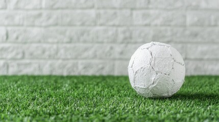 Worn Soccer Ball on Grass in Front of White Brick Wall