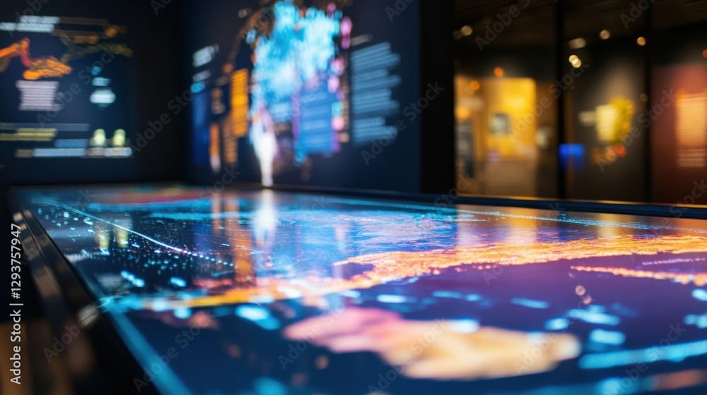 Poster interactive touchscreen displaying global map data with network connections and data points, enhanci