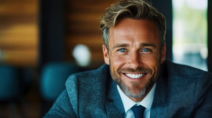 Obraz premium Businessperson smiling confidently, professional yet approachable, corporate branding
