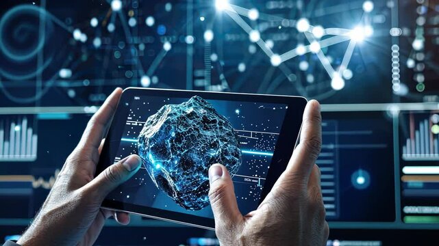 Hands hold a tablet displaying an AR asteroid for International Asteroid Day. Asteroid Day - Powered by Adobe