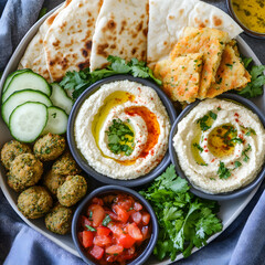A plate of food with a variety of dips and vegetables