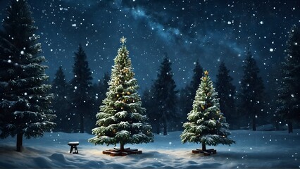 Obraz premium Snowy Christmas night with tree and snowman