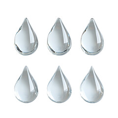 Six Realistic Crystal Clear Water Drops 3d set pure cool isolated on transparent background