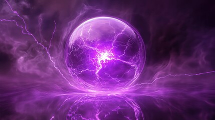 A radiant purple energy sphere crackles with electric discharges, its glowing tendrils dancing across a smooth, reflective surface.