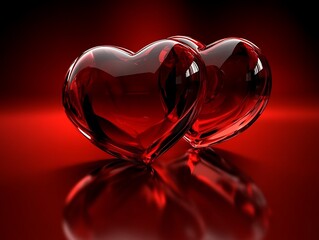 Glass hearts on red background