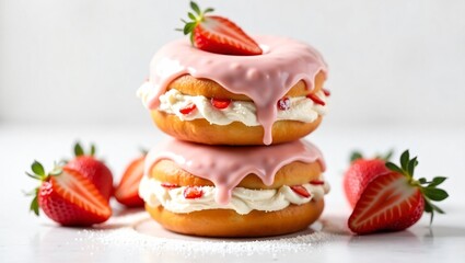 Stacked Strawberry Donuts with Pink Glaze and Cream Filling &ndash; Gourmet Food Photography