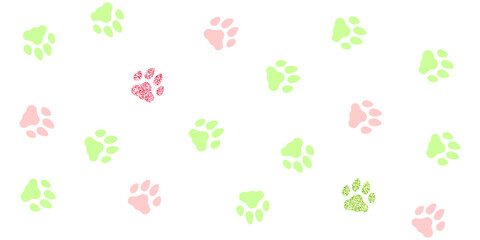 Light pink and light green paw prints and also with a glitter effect on a white background. Endless texture with silhouettes of cat or dog tracks. Pet footprints. Vector seamless pattern for printing