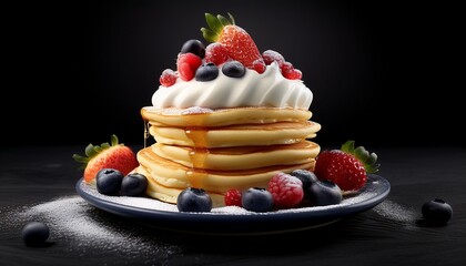 Fotograf&iacute;a de estudio profesional de panqueques con nata encima y frutas de temporada. Tiene una textura suave y esponjosa, asim&eacute;trica., estilo ultrarrealista, realista, 4k
