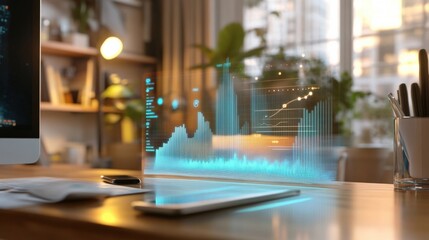 A home office environment showing a closeup of a holographic air quality level indicator. The display dynamically reacts to breathing patterns illustrating how personal activities impact