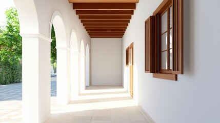 Sunlit White Hallway with Wooden Beams and Arched Entryways
