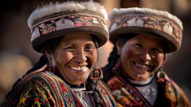 Two Indigenous Andean women portrait wearing their traditional clothes
