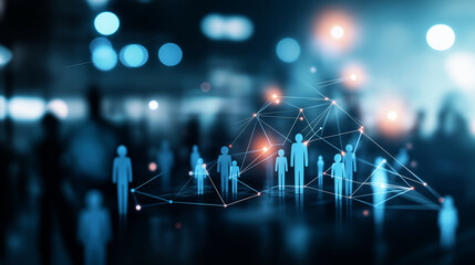 A professional visual representation of a companyâs management structure, featuring bright, connected figures in a pyramid formation.