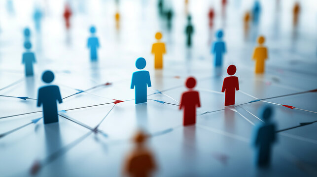 A corporate hierarchy diagram with color-coded figures linked by arrows, representing communication flow and company organization.