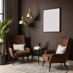 Modern cozy living room with stylish brown armchairs, elegant decor, and minimalist wall art. Mockup on the wall.
