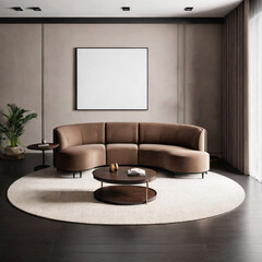 Modern cozy living room with stylish brown sofa, elegant decor, and minimalist wall art. Mockup on the wall. Mockup on the wall.