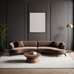 Modern cozy living room with stylish brown sofa, elegant decor, and minimalist wall art. Mockup on the wall.