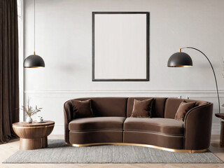 Modern cozy living room with stylish brown sofa, elegant decor, and minimalist wall art. Mockup on the wall.