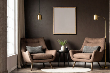 Modern cozy living room with stylish brown armchairs, elegant decor, and minimalist wall art. Mockup on the wall.