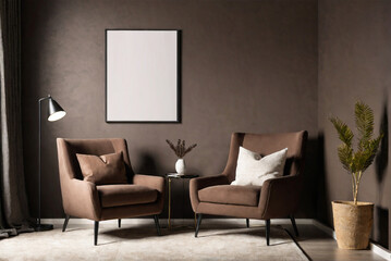 Modern cozy living room with stylish brown armchairs, elegant decor, and minimalist wall art. Mockup on the wall.
