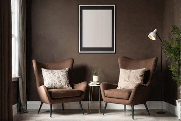Modern cozy living room with stylish brown armchairs, elegant decor, and minimalist wall art. Mockup on the wall.