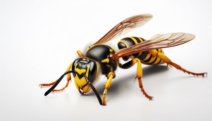 Mesmerizing Solitary Wasp Amidst Simplicity Striking Black and Yellow Insect on a Pristine White Background, Magnified CloseUp, Capturing Natures Delicate Grace in High Definition.