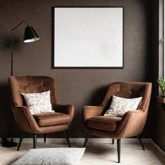 Modern cozy living room with stylish brown armchairs, elegant decor, and minimalist wall art. Mockup on the wall.