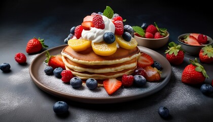 Fotografía de estudio profesional de panqueques con nata encima y frutas de temporada. Tiene una textura suave y esponjosa, asimétrica., estilo ultrarrealista, realista, 4k
