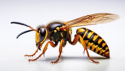 Vivid and Sharp Focus on a Lone Wasp Against a Pristine White Backdrop, Showcasing Intricate Detail and Magnificent Beauty in Natures Smallest Creatures.