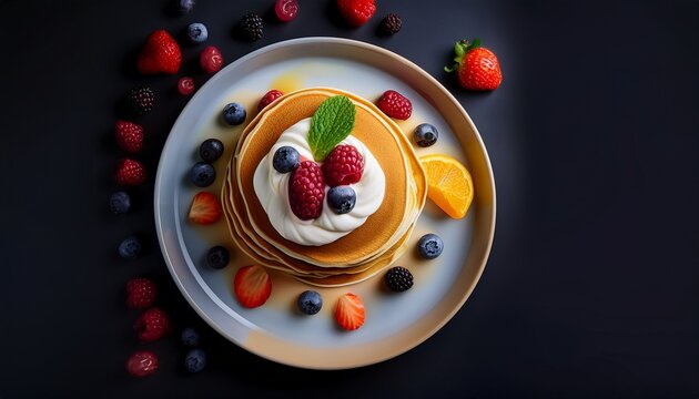Fotograf&iacute;a de estudio profesional de panqueques con nata encima y frutas de temporada. Tiene una textura suave y esponjosa, asim&eacute;trica., estilo ultrarrealista, realista, 4k

